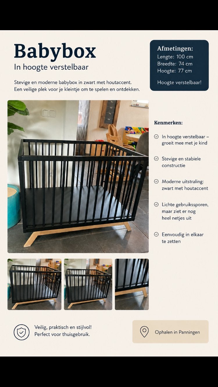 Houten babybox – zwart – in hoogte verstelbaar, Kinderen en Baby's, Boxen, Ophalen, Gebruikt, In hoogte verstelbaar