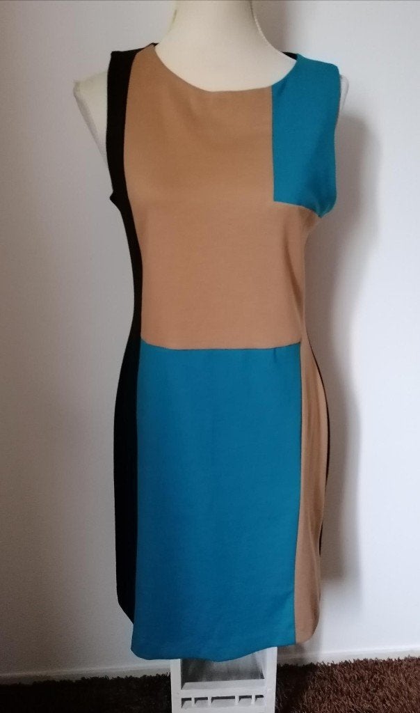 MOOIE jurk zwart met camel en blauw/groen van Yessica mt. S, Meerkleurig, Yessica, Nieuw, Ophalen of Verzenden