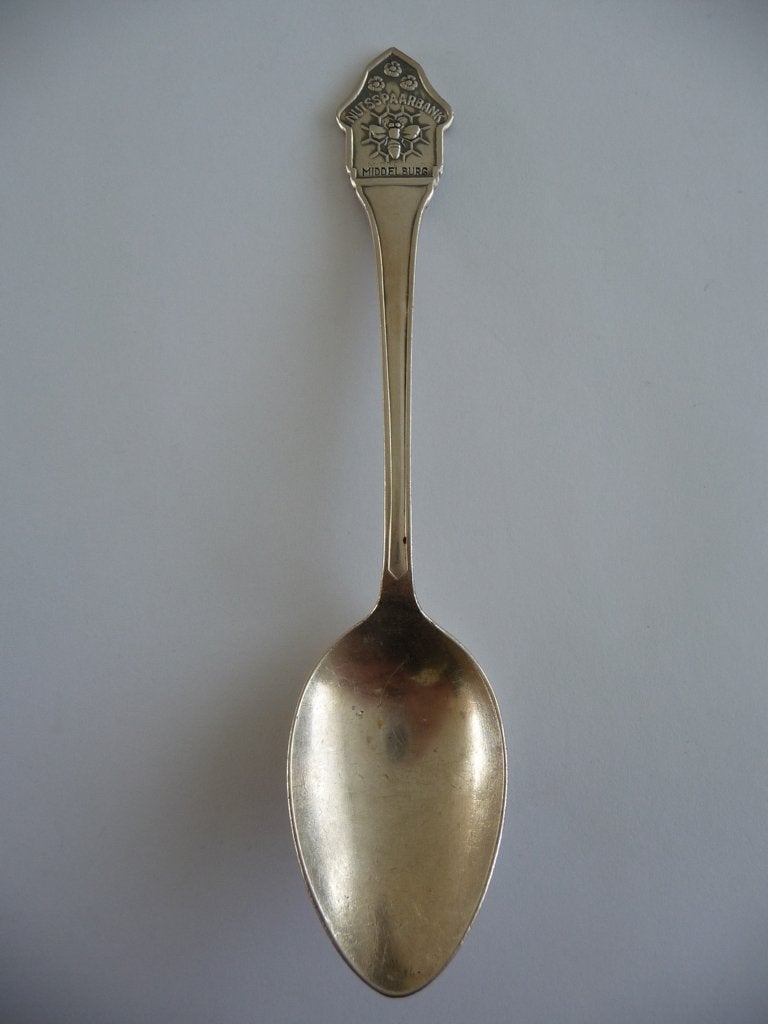 VERZILVERDE LEPEL NUTSSPAARBANK MIDDELBURG, lang 14,4cm, Ophalen of Verzenden, Gebruikt
