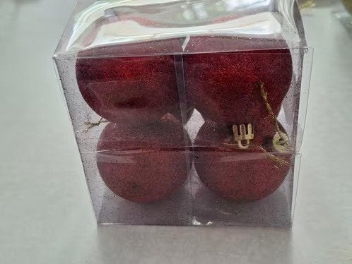 4 rode kerstballen met glitter h, Diversen, Onbekend, Ophalen of Verzenden, Zo goed als nieuw, Losse verkoop