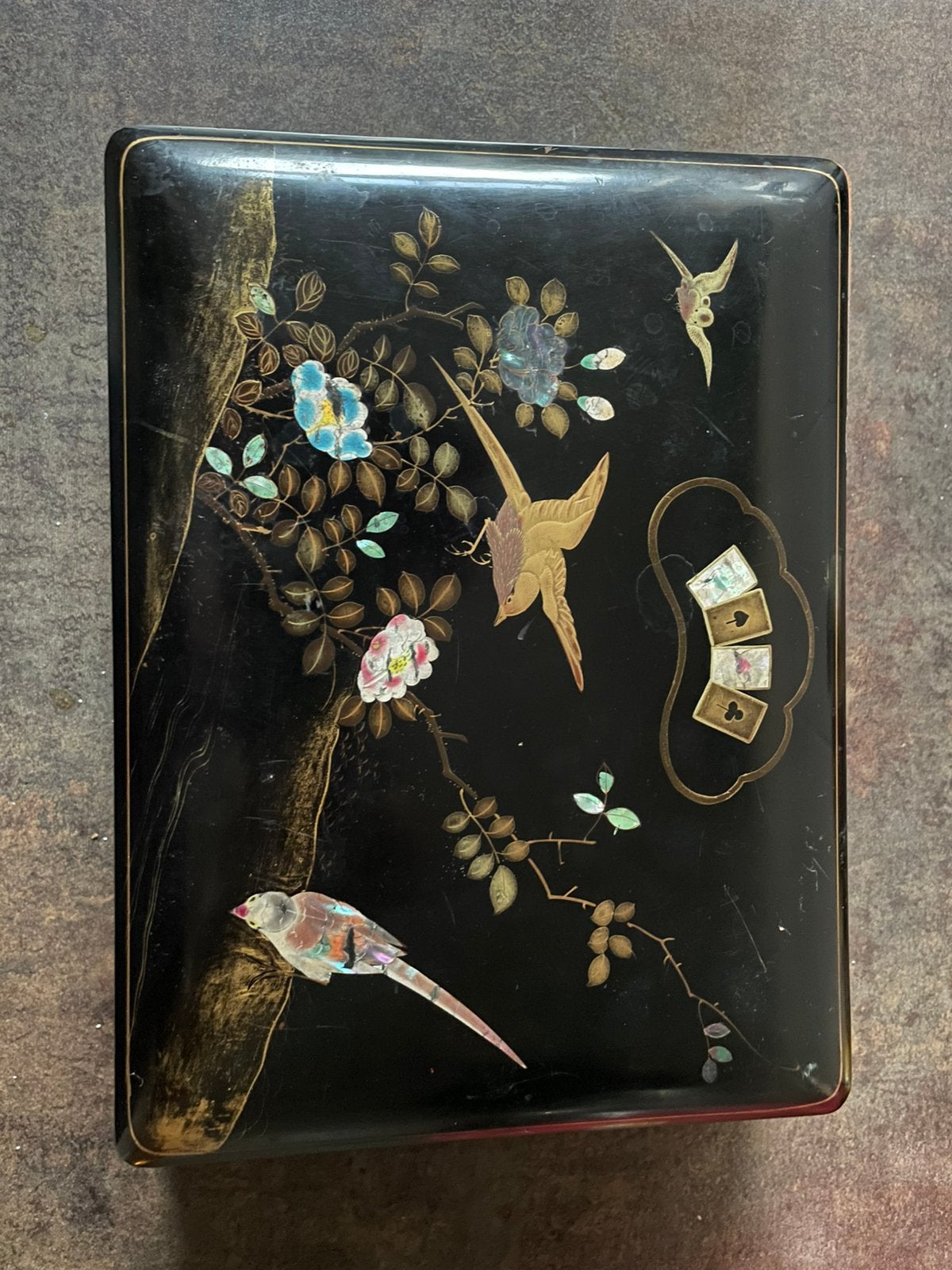 Chinees lak kistje met parelmoer incl fiches 1930-1945, Antiek en Kunst, Ophalen of Verzenden