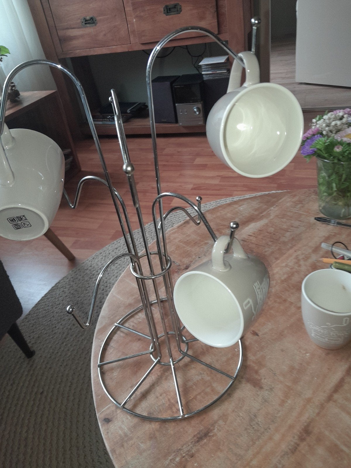 Mokkenrek met 4 koffiemokken - wit/ beige., Ophalen, Metaal, Grijs, Overige typen