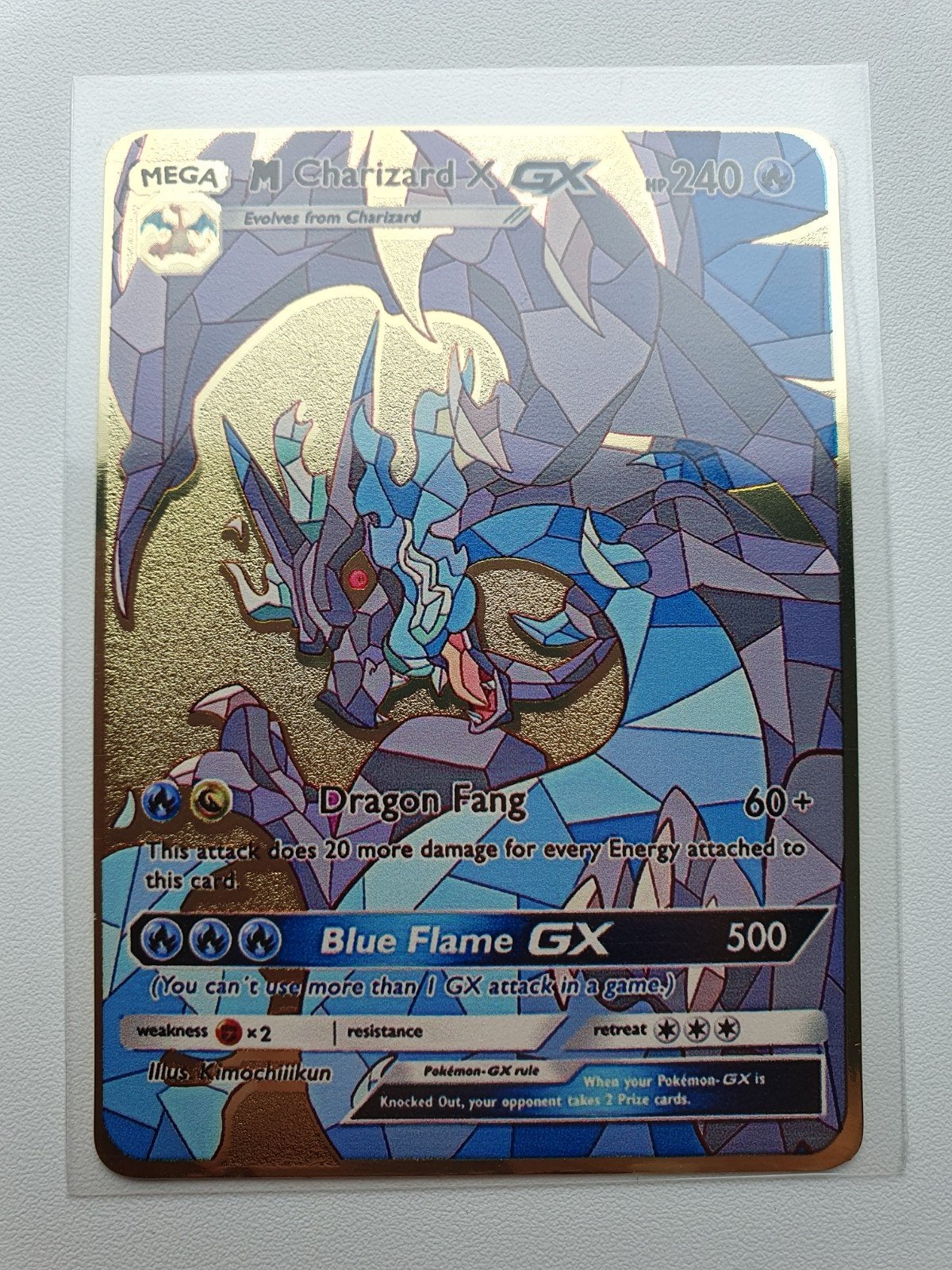 Charizard Stained Glass Metalen Pokemon kaart Goudkleurig, Verzenden