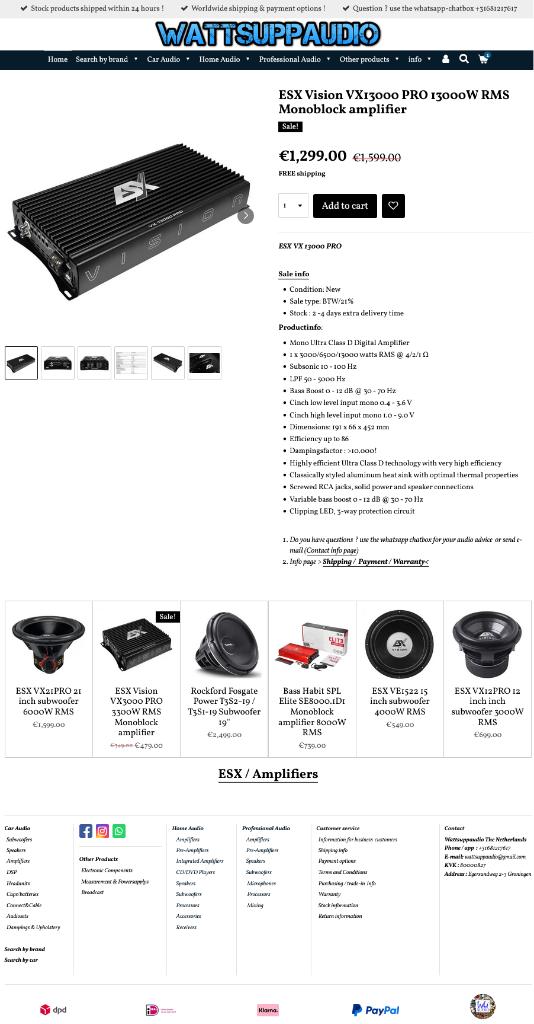 ESX Vision VX13000 PRO 13000W RMS Monoblok versterker, Audio Design, Nieuw, Am Breilingsweg 3, 76709 Kronau, Duitsland, Ophalen of Verzenden