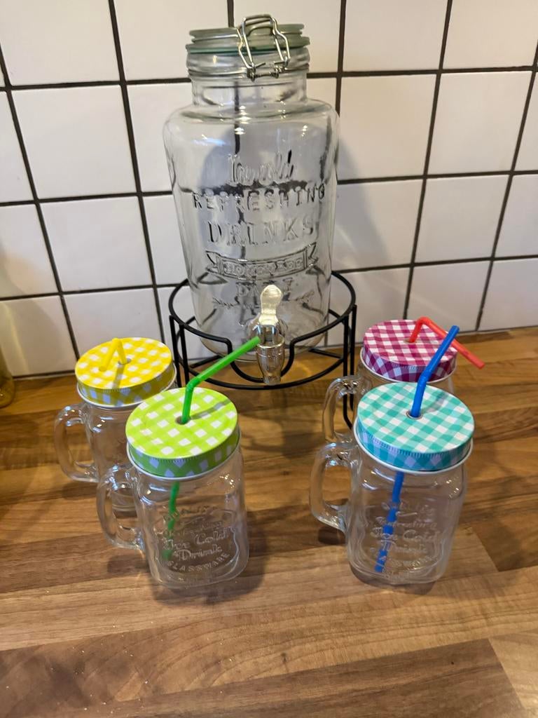 Limonade set met standaard en 4 glazen, Ophalen of Verzenden, Zo goed als nieuw, Meerkleurig, Glas