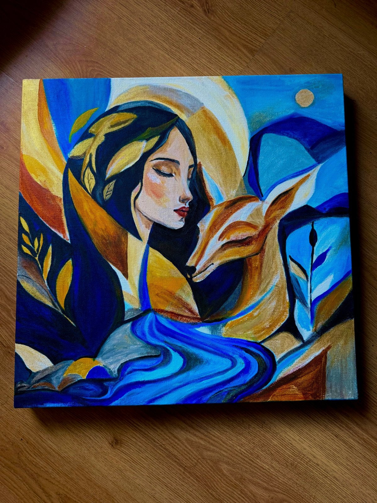 Schilderij: Vrouw met Hert in Abstracte Stijl, Antiek en Kunst, Ophalen of Verzenden