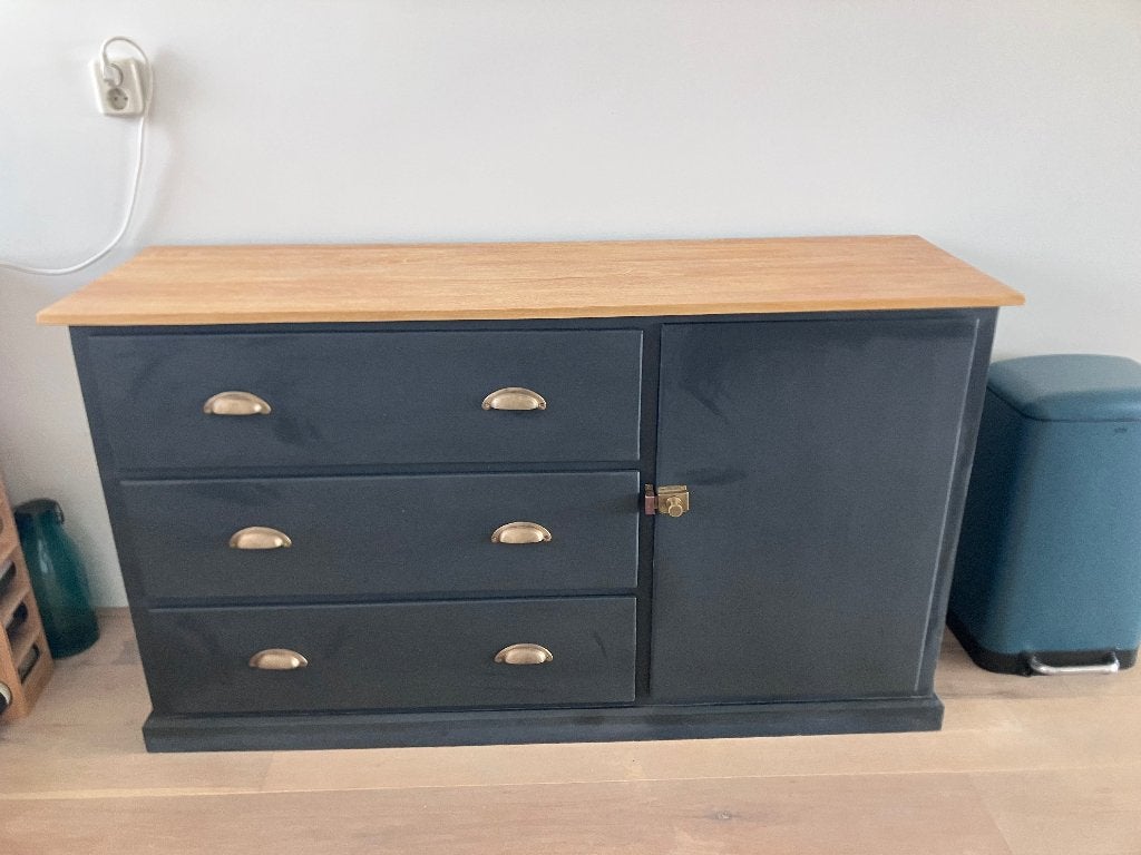 Dressoir massief hout, blauwe afwerking, Gebruikt, Met deur(en), 150 tot 200 cm, Ophalen of Verzenden