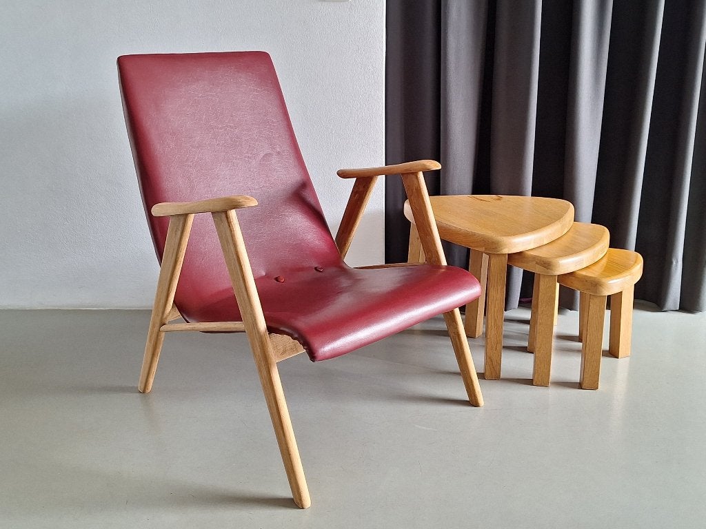 vintage design relax-fauteuil relaxstoel hout met rood skai, Ophalen, Gebruikt, Minder dan 75 cm, Deens design