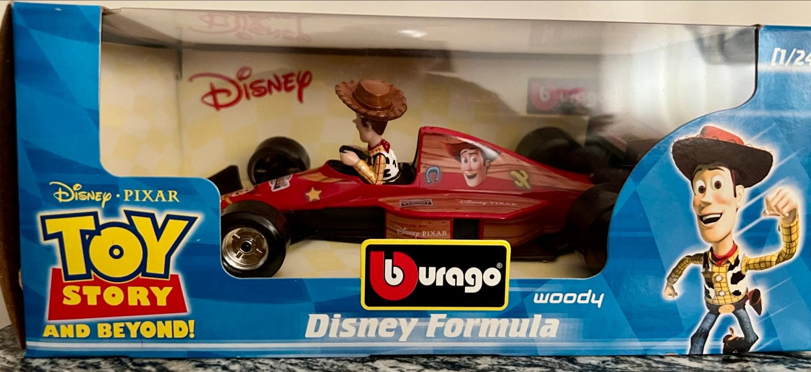 Disney Pixar Toy Story Woody Formule 1 Auto Burago, Ophalen, Overige figuren, Zo goed als nieuw, Beeldje of Figuurtje