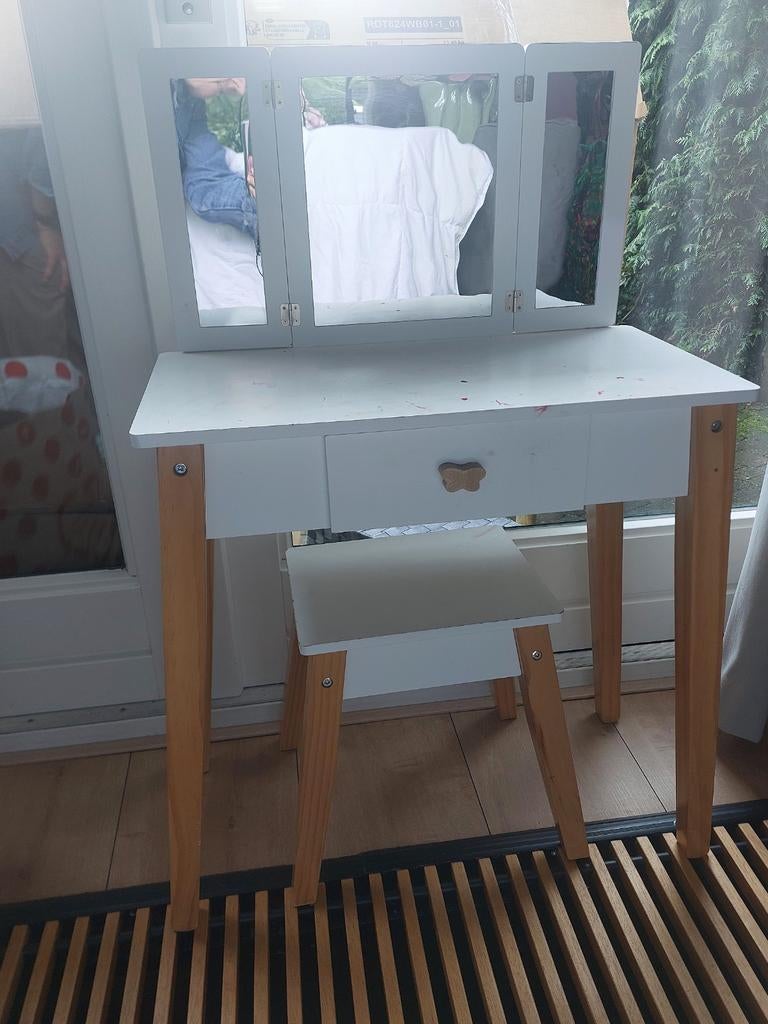 Witte kaptafel met spiegel en lade, Huis en Inrichting, Tafels | Kaptafels, Gebruikt, Minder dan 100 cm, Modern, Kinderkamer, Hout