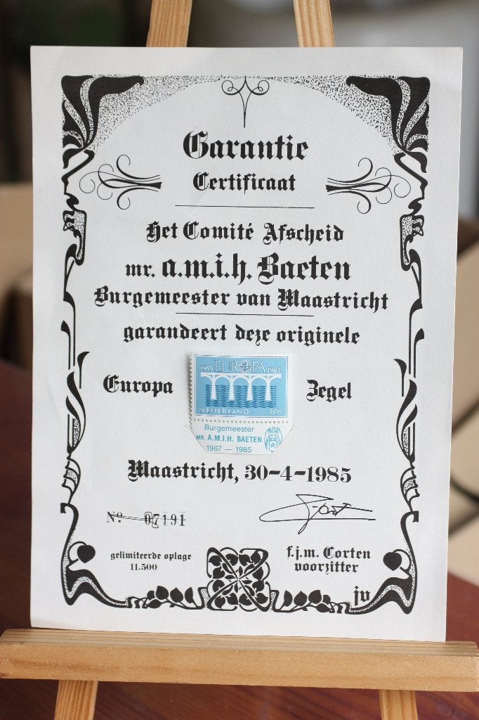 Certificaat Burgm Baeten Maastricht Europa postzegel 1985, Ophalen of Verzenden, Zo goed als nieuw