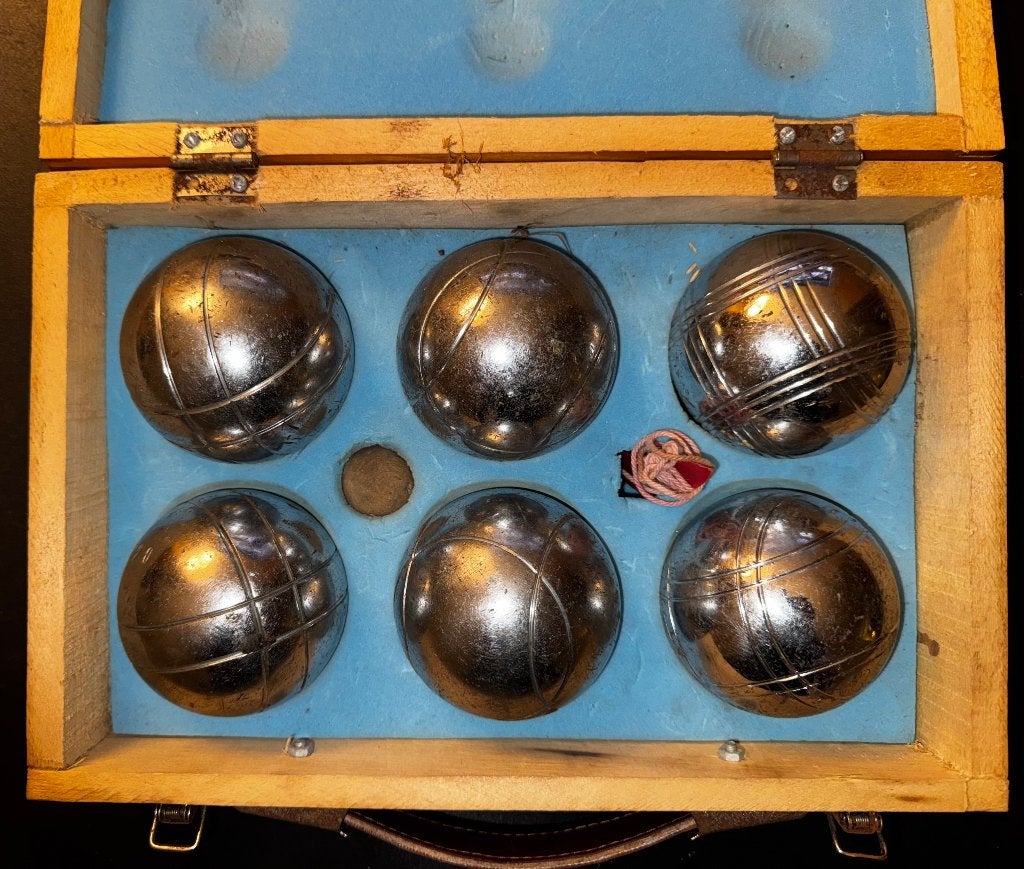 Vintage jeu de boules set – 6 metalen boules – houten koffer, Ophalen of Verzenden, Gebruikt, Bal