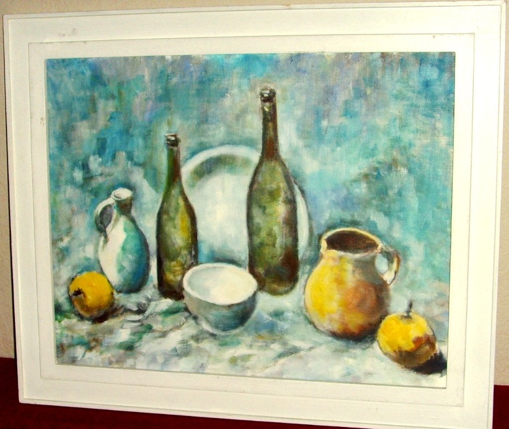 Schilderij Stilleven, olieverf op triplex N. Woudenberg., Ophalen