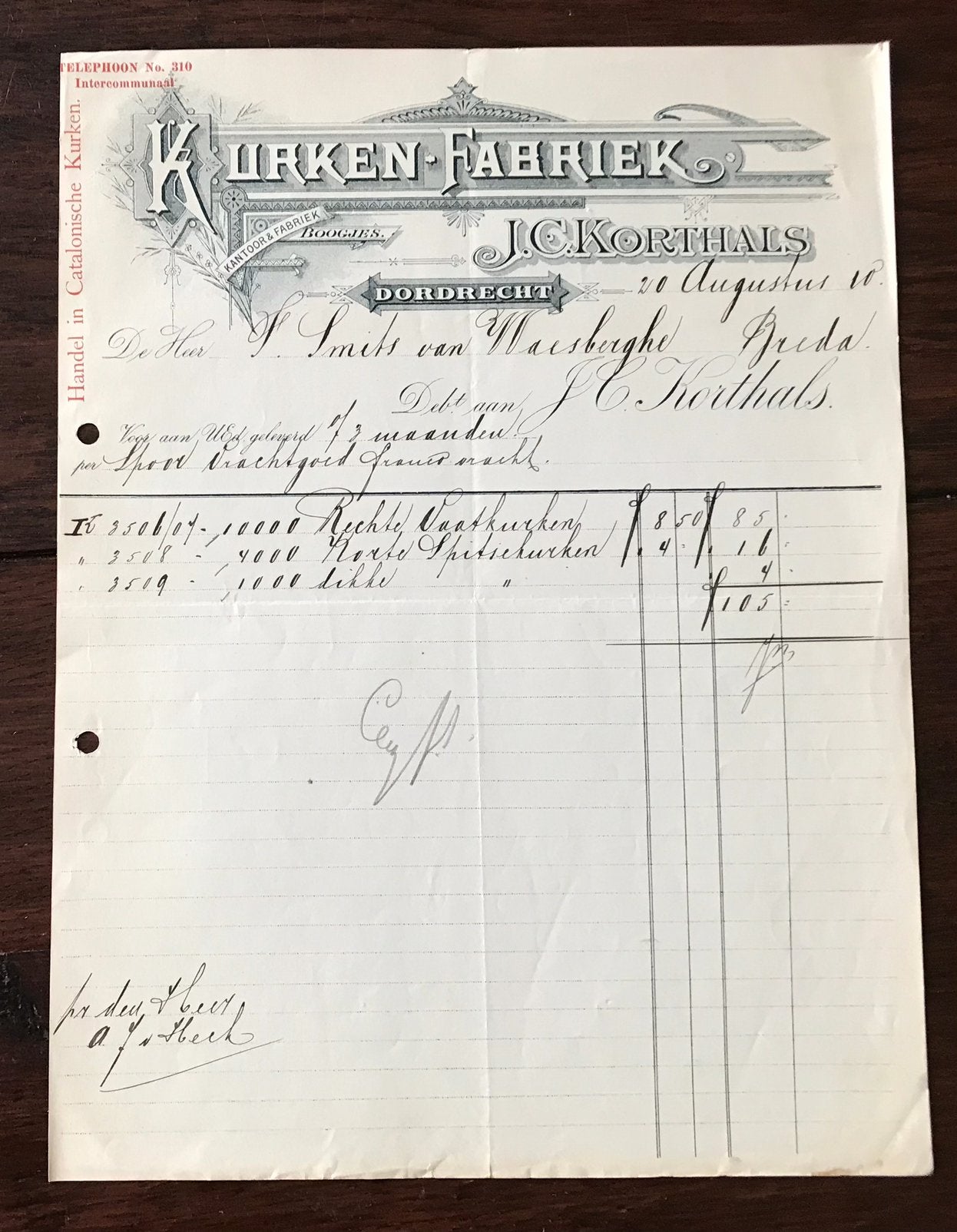 Oude Rekening Dordrecht 1910 J C Korthals Kurken Fabriek, Ophalen of Verzenden, Gebruikt, Overige typen