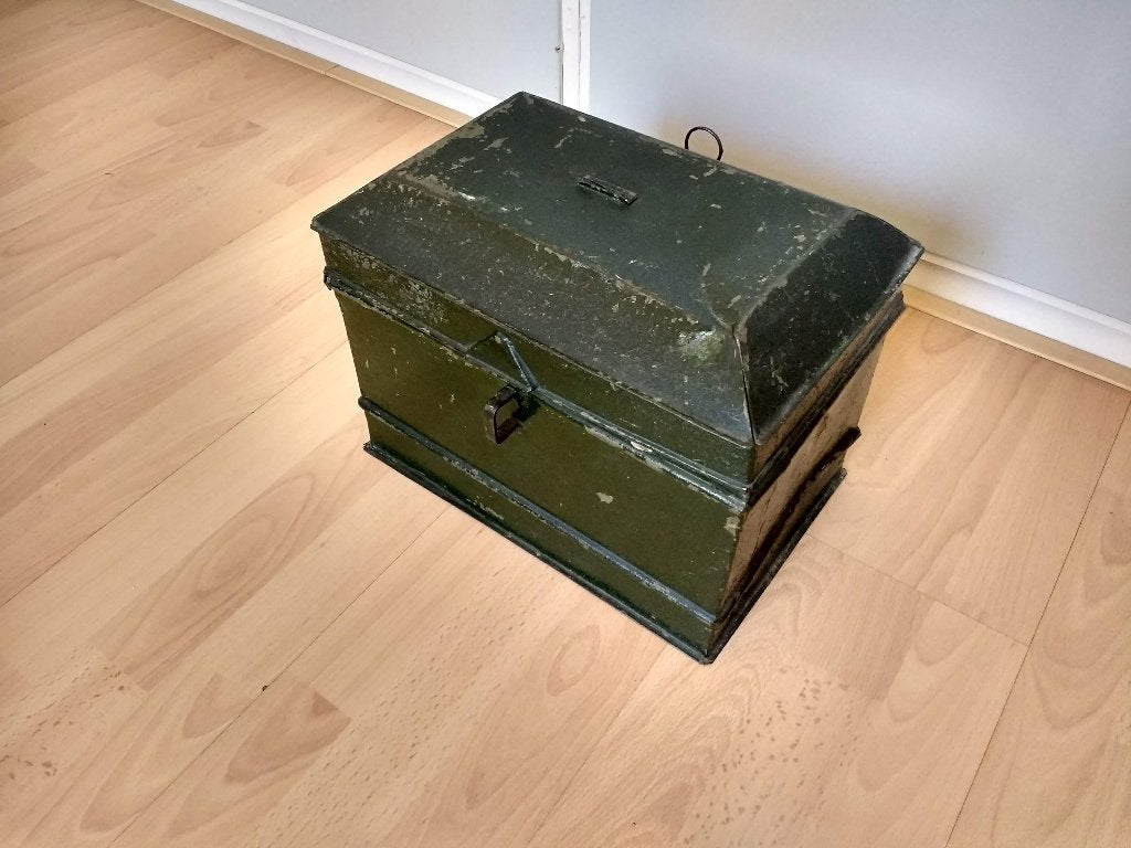 Groot antiek blik donkergroen, trommel uit begin 1900, Verzamelen, Ophalen of Verzenden, Gebruikt, Overige