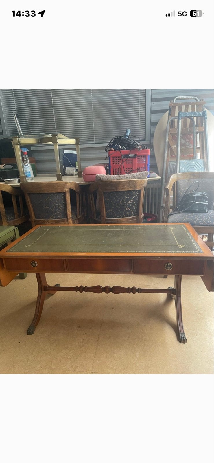 Antieke salontafel met Groen Leren Blad, Ophalen