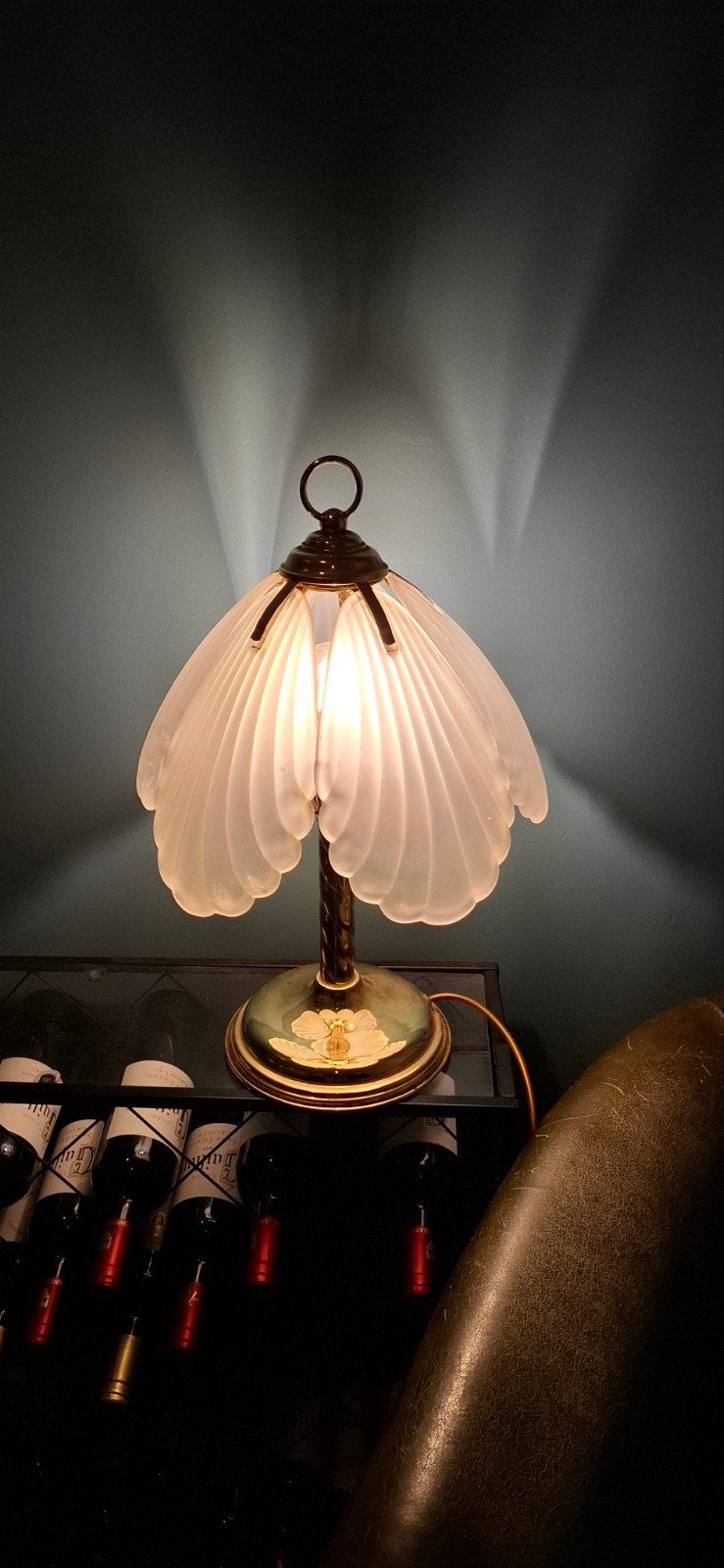 Vintage messing tafellamp lamp art deco stijl, Ophalen, Gebruikt, Met kap, Glas
