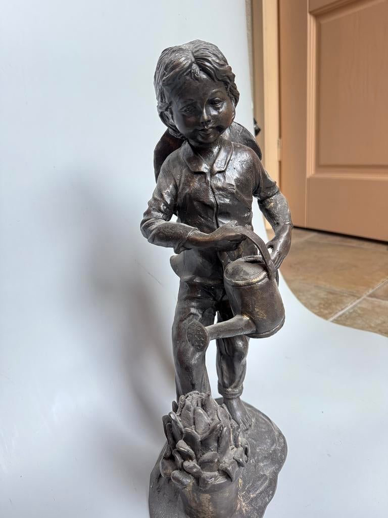 Bronzen Beeld Jongen met Gieter - Tuindecoratie, Ophalen, 20 - 50 cm, Beeld, Bruin
