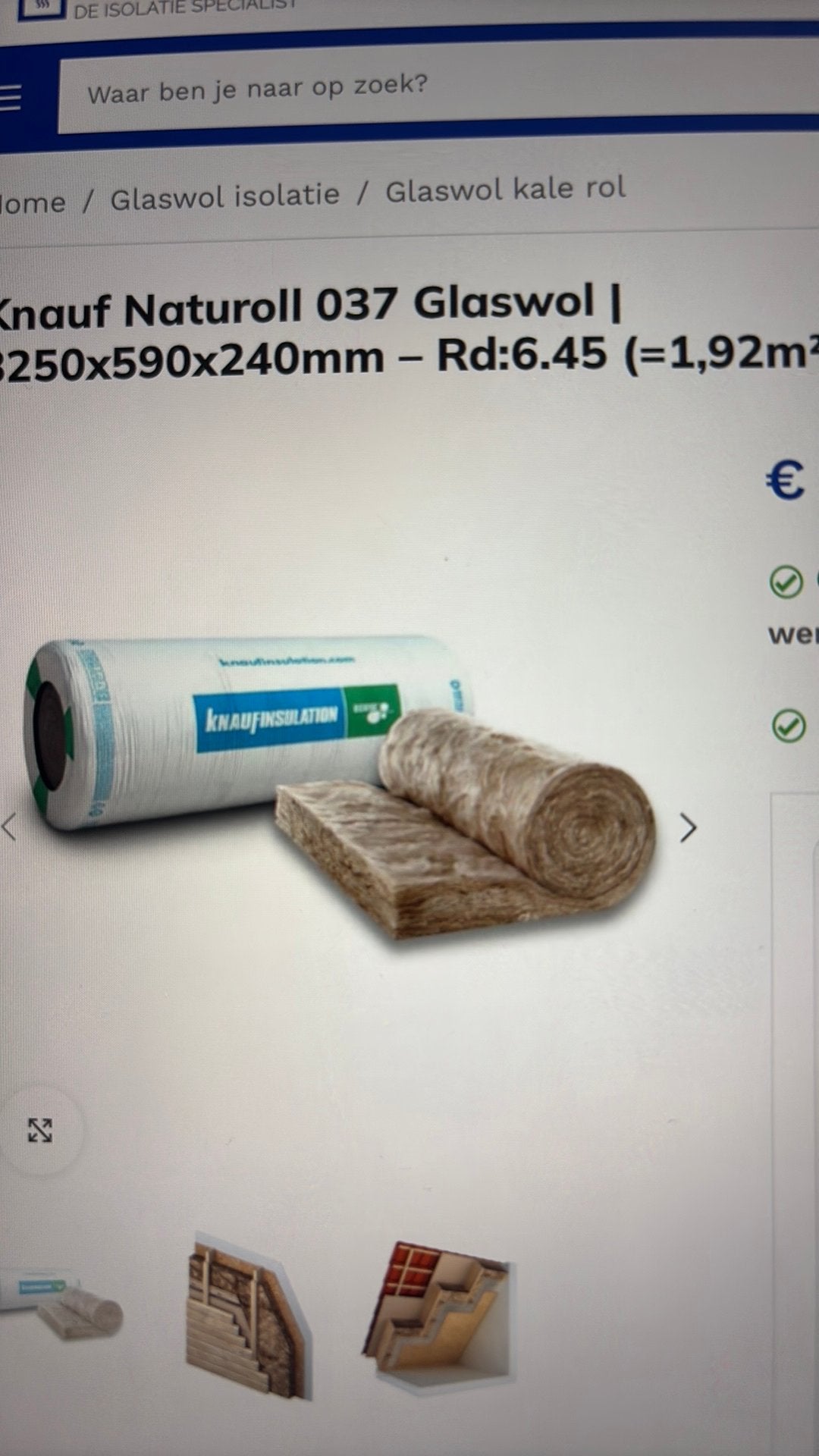 Knauf Naturoll 037 Glaswol 3250x590x240 mm, Ophalen, Nieuw