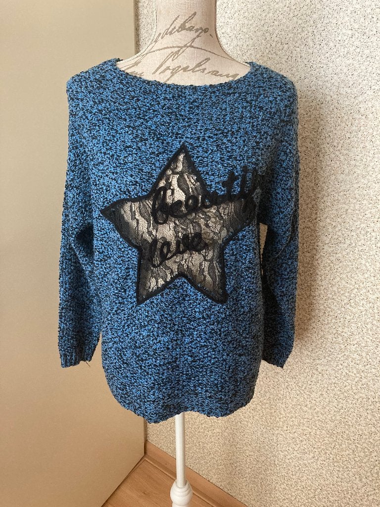 Blauw zwart trui met zwarte gaas ster maat L - B0SKE FASHION, Ophalen, Blauw, Maat 42/44 (L), Zo goed als nieuw