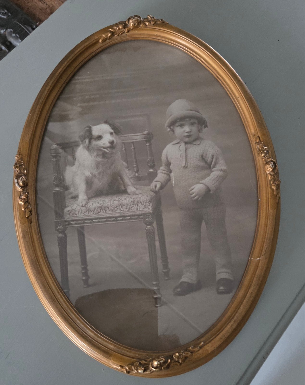 Ovale Brocante Oude Franse lijst met foto kind met hond, Ophalen of Verzenden