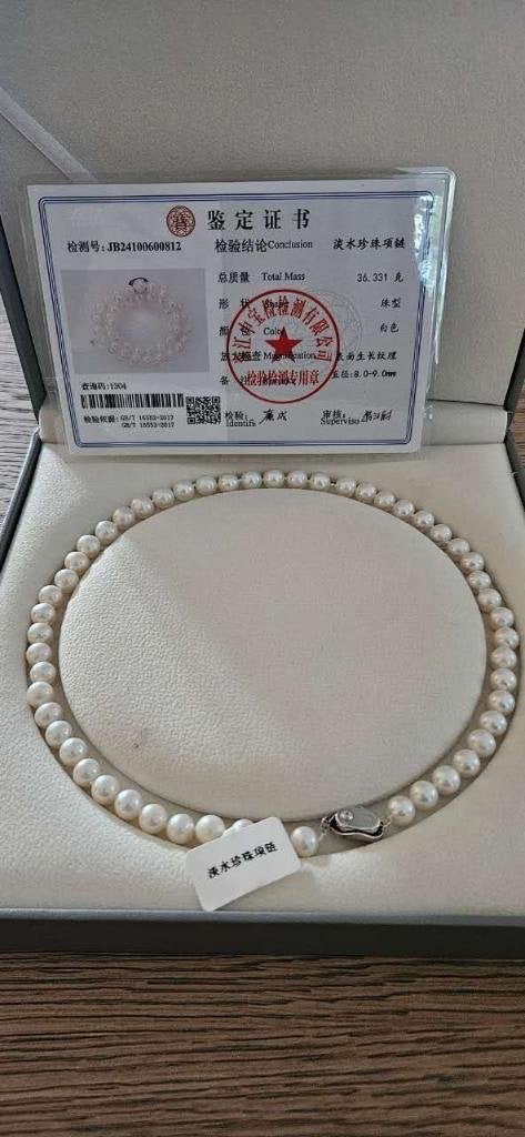 Zoetwaterparelketting 8-9 mm | 925 Zilver | Met Certificaat, Ophalen, Nieuw, Wit, Zilver
