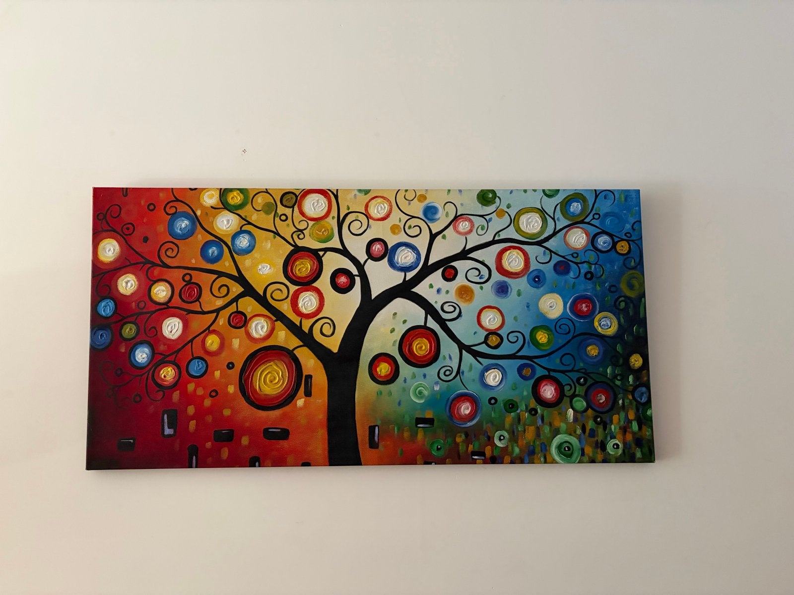 Kleurrijk Abstract Schilderij: Levensboom met Textuur, Antiek en Kunst, Abstract, Handgeschilderd, Ophalen of Verzenden, Olieverf