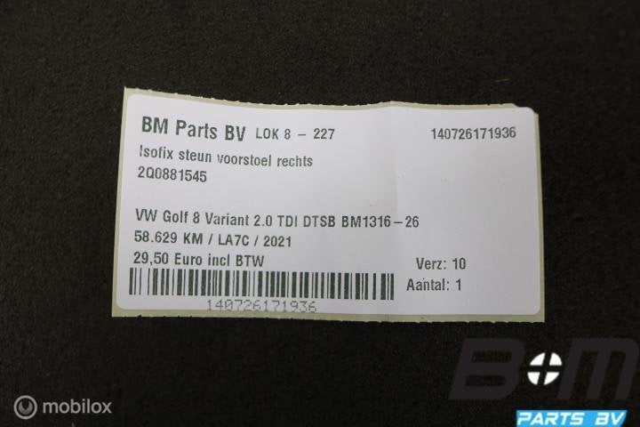 Isofix steun voorstoel rechts VW Golf 8 2Q0881545, Auto-onderdelen, Gebruikt