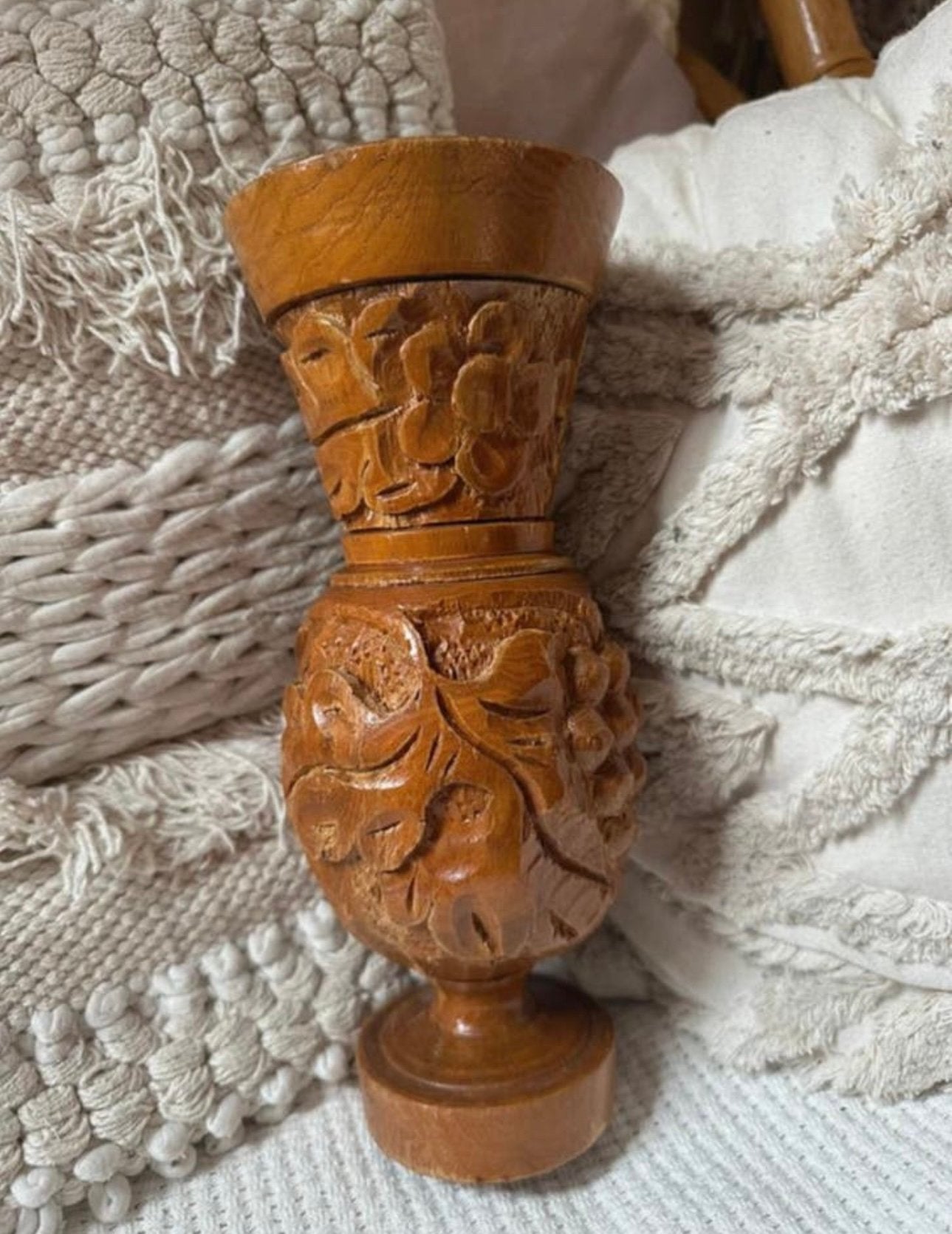 Houtsnijwerk: art deco vintage handgesneden houten vaas, Ophalen of Verzenden