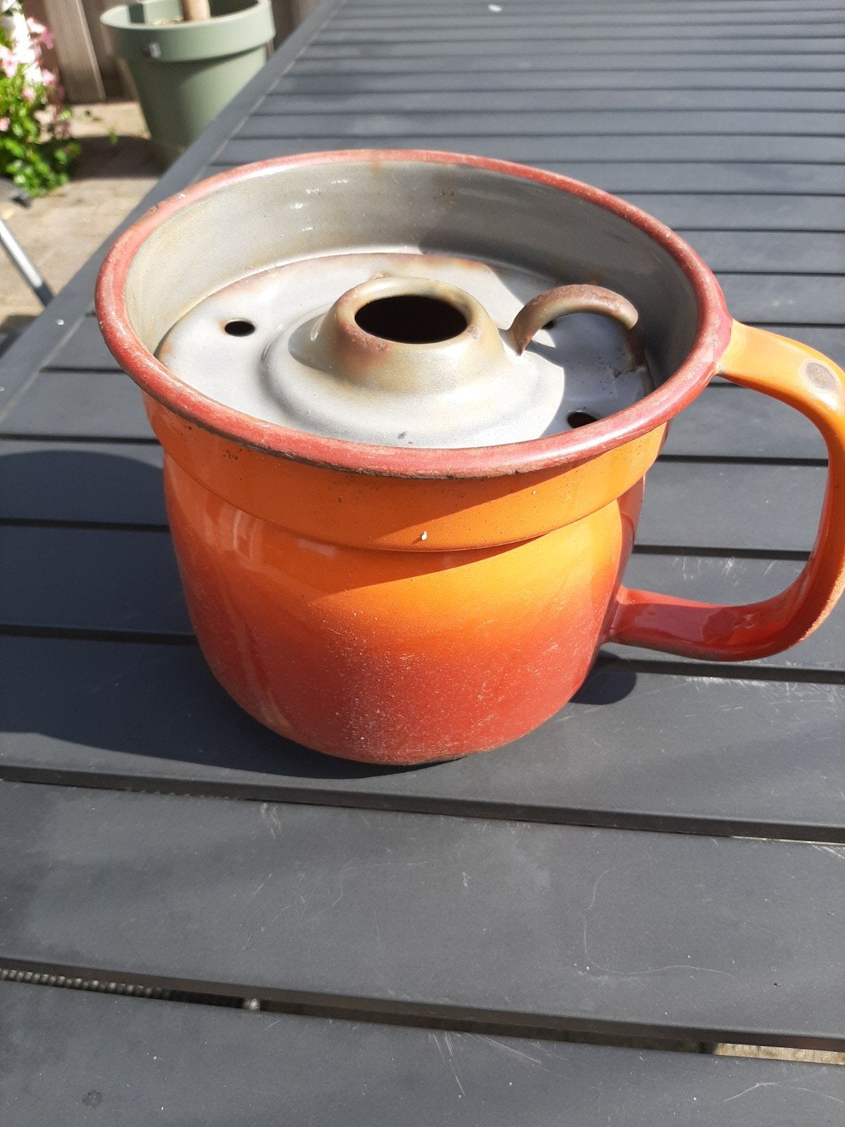 Vintage geëmailleerde koffiekan/percolator - Oranje, Ophalen of Verzenden