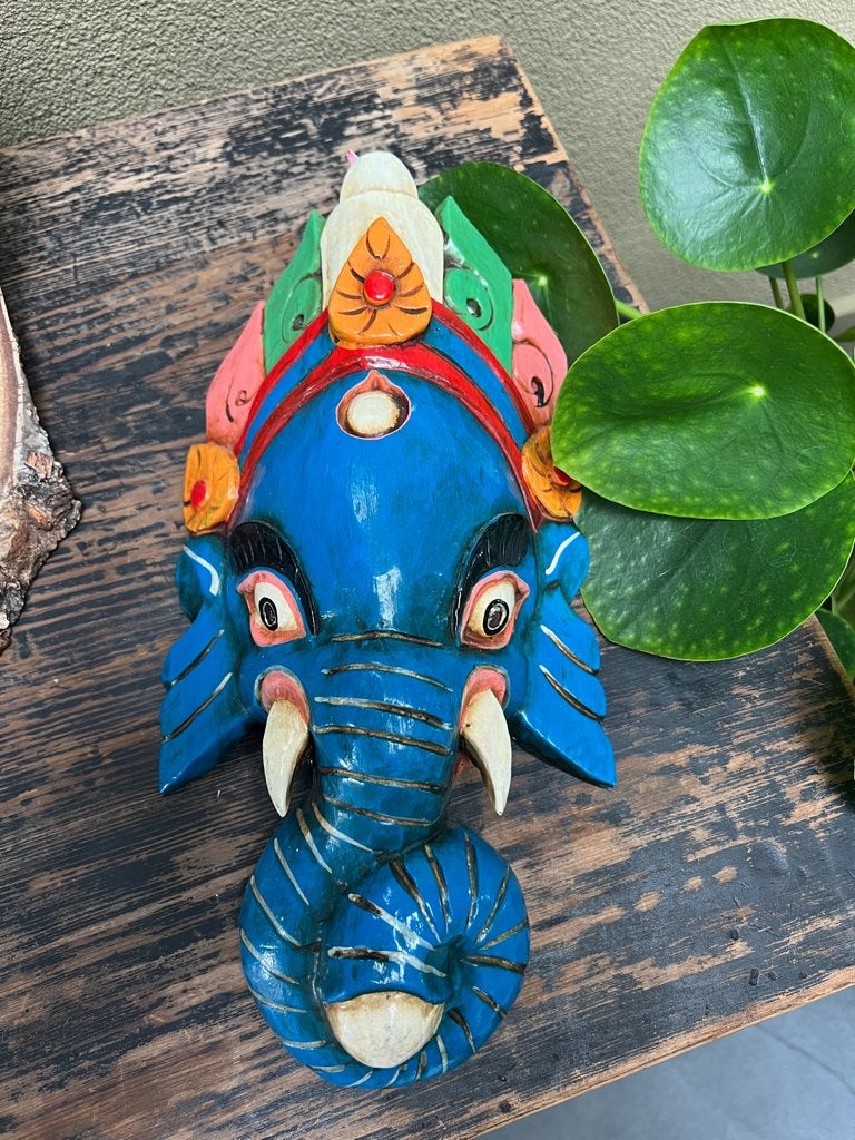 Prachtige unieke houtsnijwerk Ganesh masker uniek blauw, Blauw, Verburgt Vintage, Gebruikt, 32 cm
