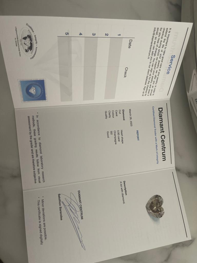 Hartvormige Diamant 0.80 karaat Champagne SI2 Goed, Sieraden, Tassen en Uiterlijk, Edelstenen, Ophalen of Verzenden, Nieuw