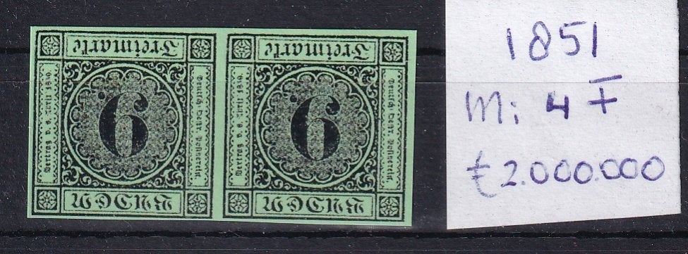 X109) 1851 Baden Mi 4F €2.000.000 tete beche geen garantie, Ophalen of Verzenden, Overige periodes, Postfris
