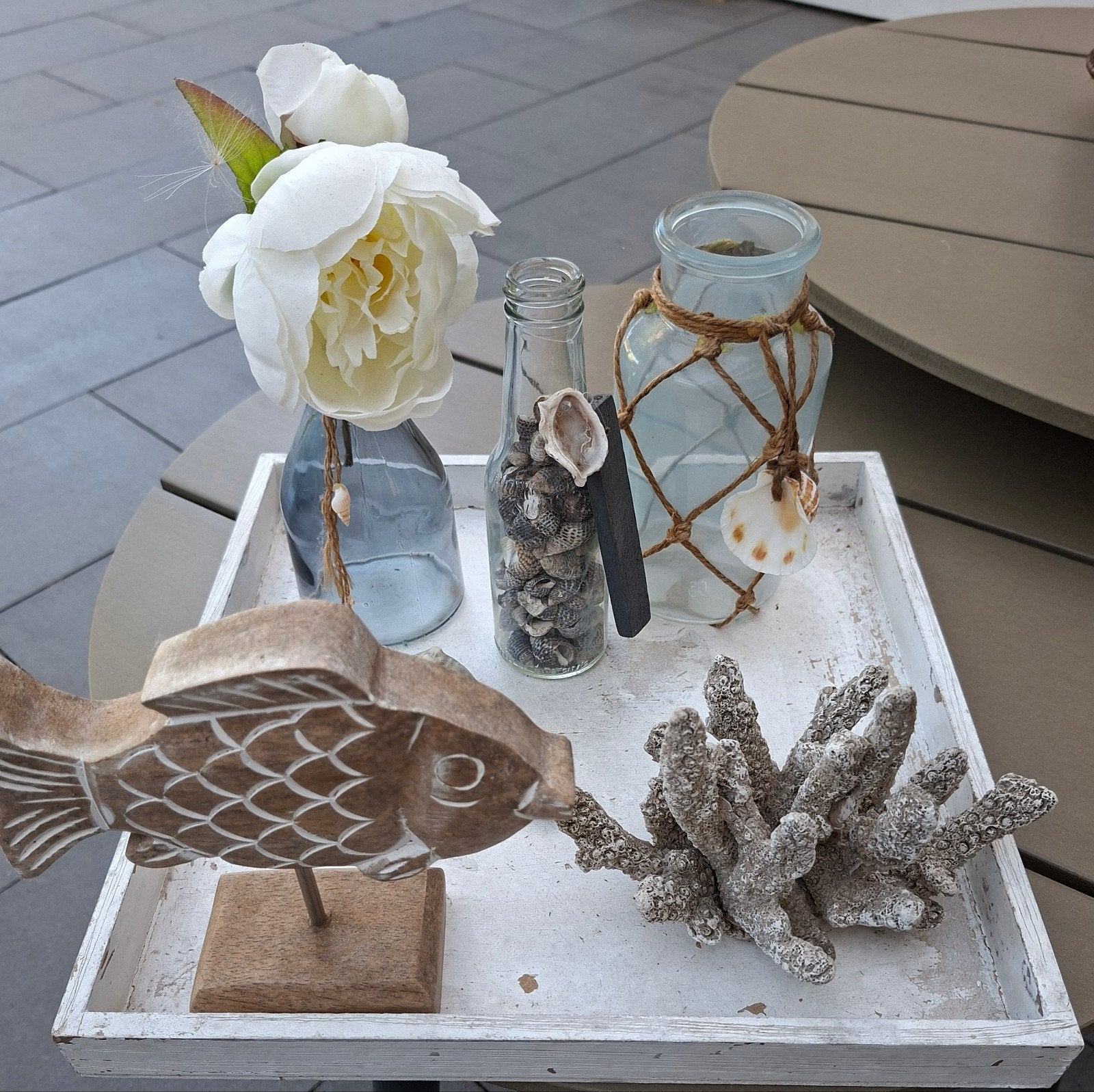 Vintage plateau met stranditems - 30x30 cm, Gebruikt, Meerkleurig, Ophalen of Verzenden, Vintage
