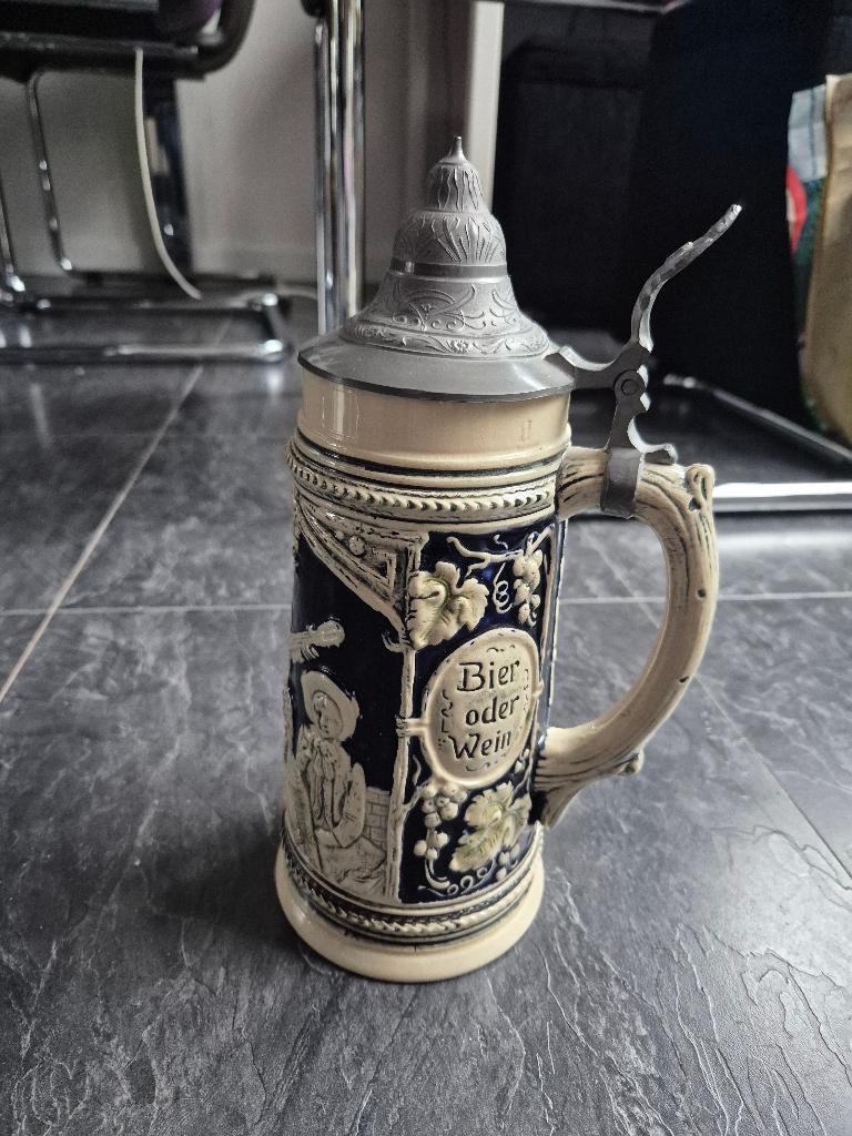 Mooie Duitse vintage bierpul met tinnen deksel, Antiek en Kunst, Ophalen of Verzenden