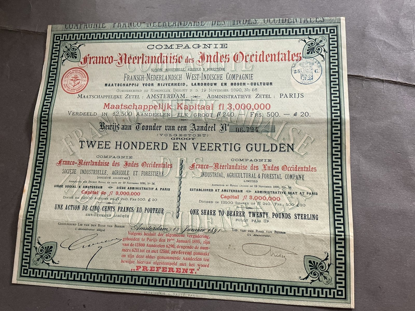 Oud aandeel Franco-Nederlandsche West-Indische Compagnie, Verzenden, Voor 1920, Aandeel