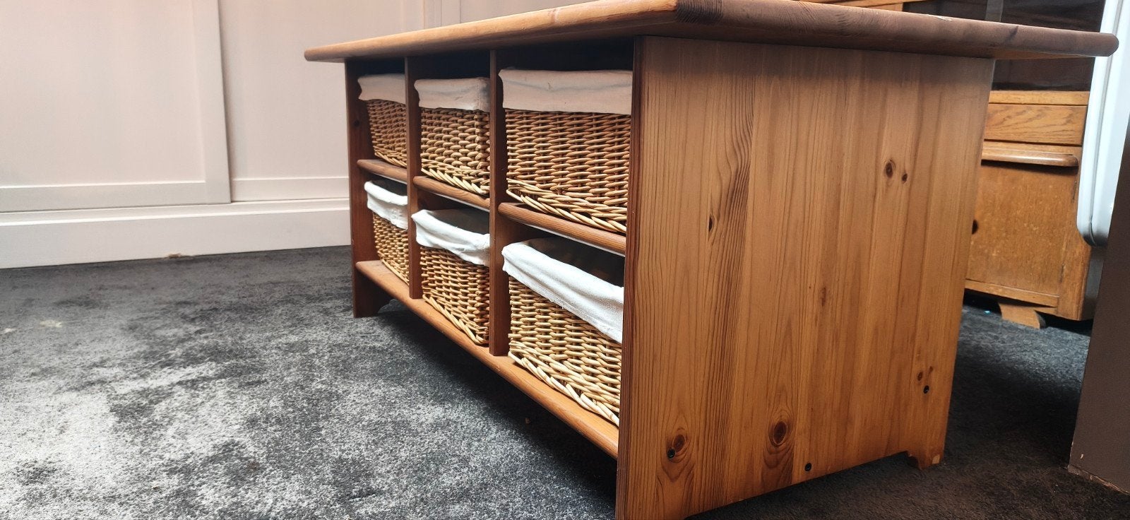Houten salontafel met 6 mandjes - L120 x B59 x H53,5, Ophalen, Gebruikt, 100 tot 150 cm, 50 tot 100 cm