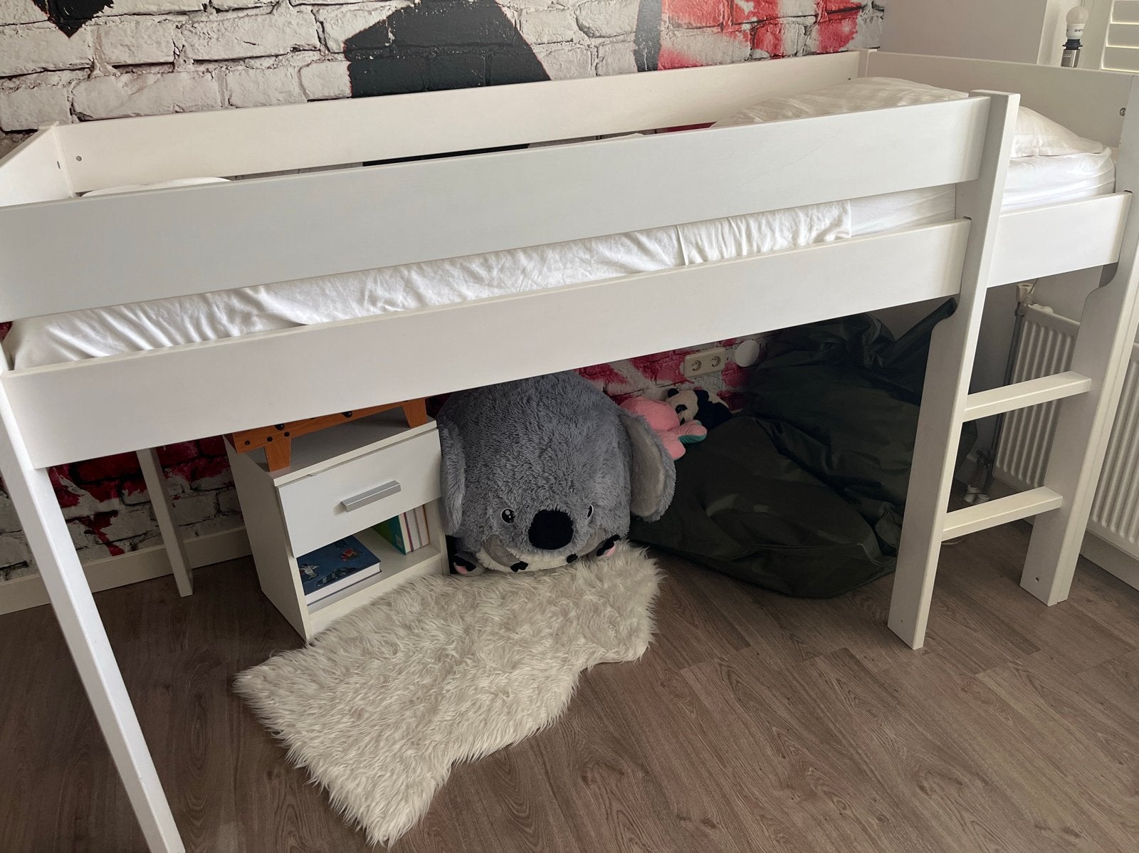 Wit halfhoogslaper bed met lattenbodem, Ophalen, Gebruikt, 90 cm, Eenpersoons
