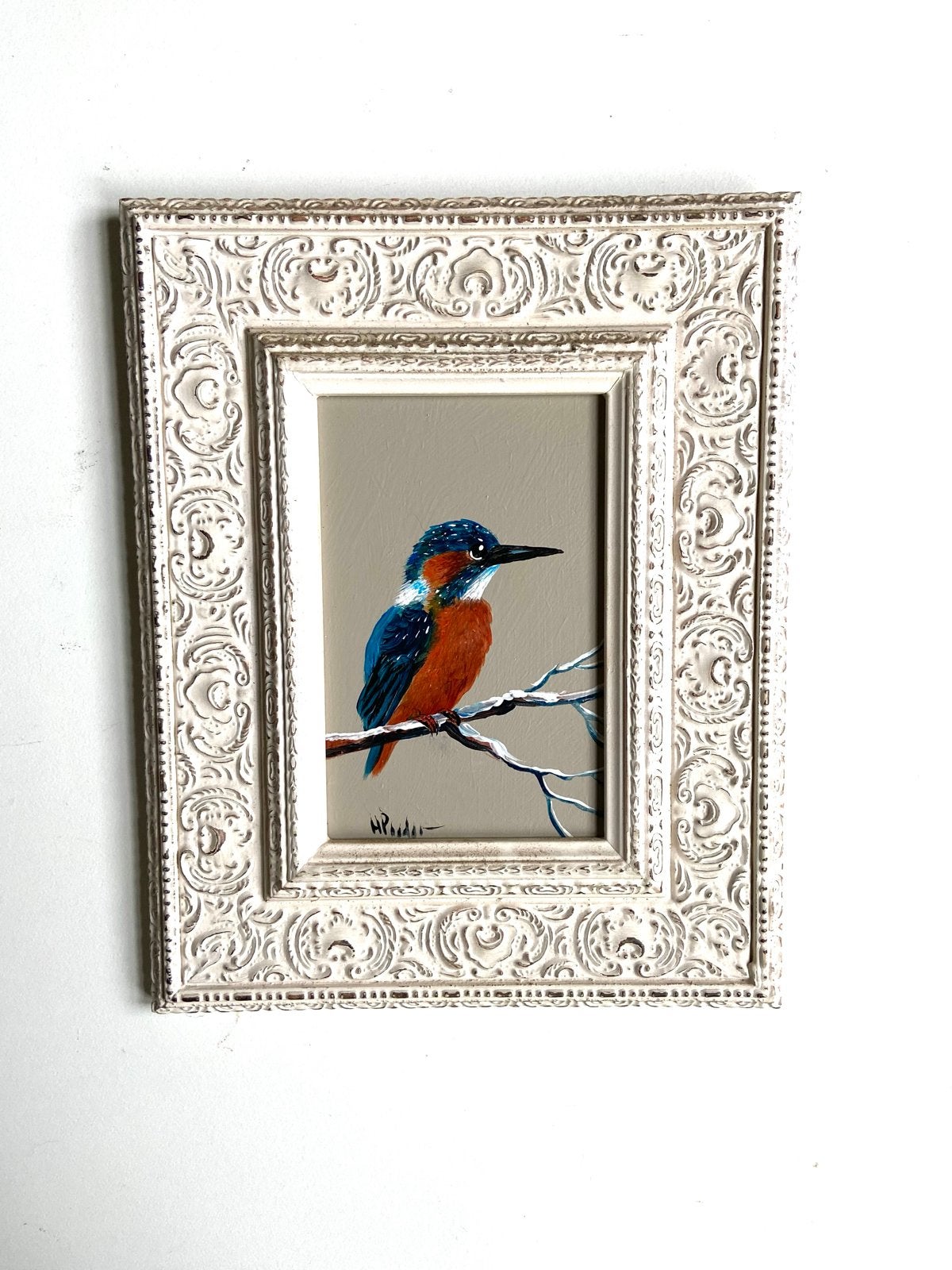 Schilderij ijsvogel op winterse tak gesigneerd H Poeder, Antiek en Kunst, Paneel, Verzenden, Dieren, Gesigneerd