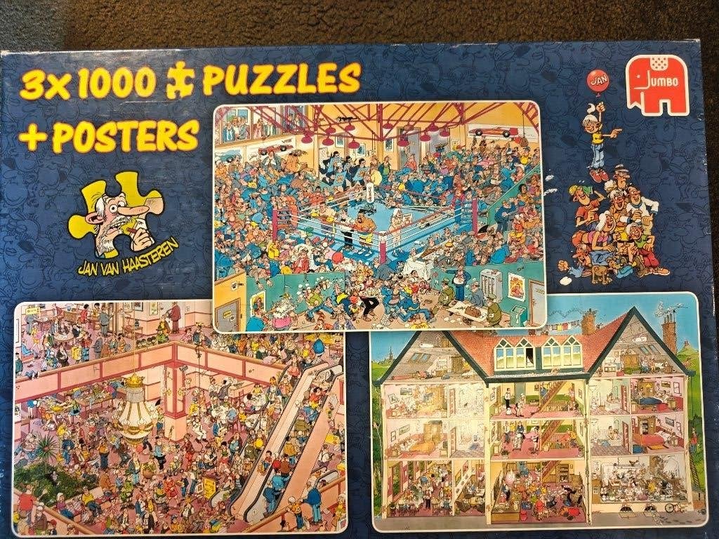 Puzzels Jan van Haasteren - 3 puzzels van 1000 stukjes, Ophalen of Verzenden, 500 t/m 1500 stukjes, Zo goed als nieuw, Legpuzzel