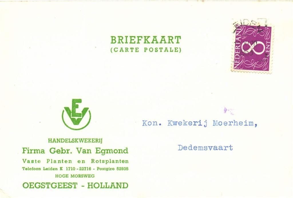 Firma Gebr. van Egmond, Oegstgeest - 11.1963 - briefkaart, Ophalen of Verzenden, Briefkaart