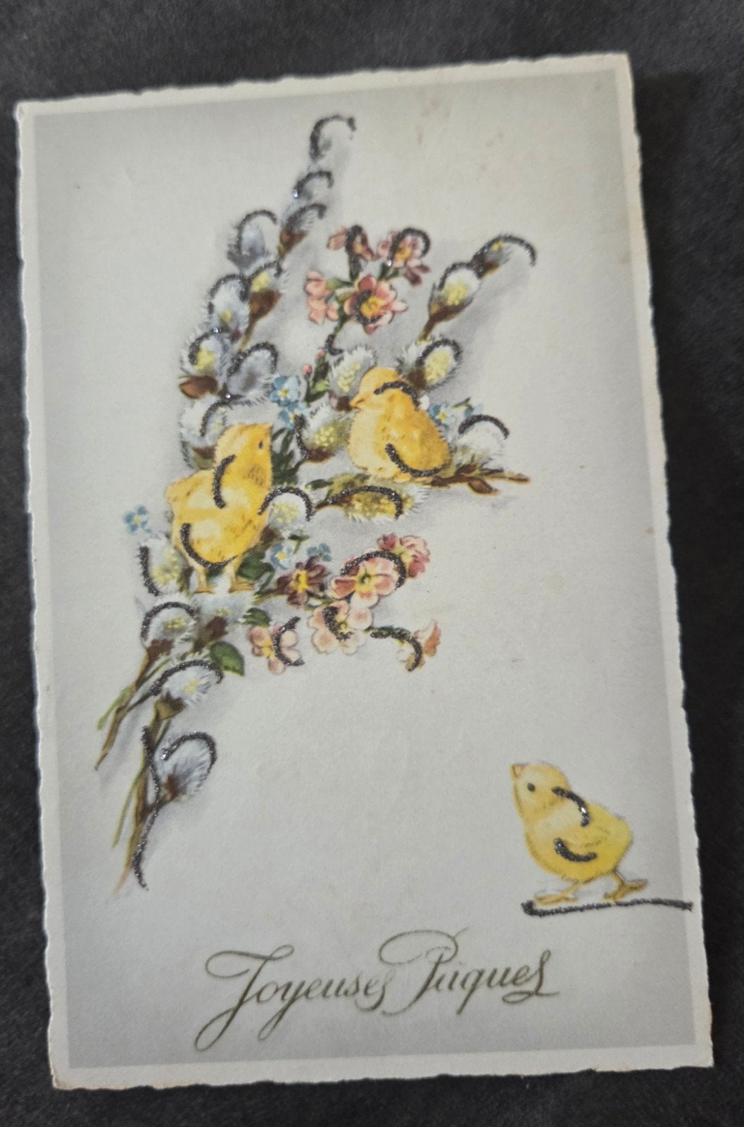 Oude Franse Paaskaart met kuikens en wilgenkatjes, Verzenden, 1940 tot 1960, Gelopen, Overige thema's
