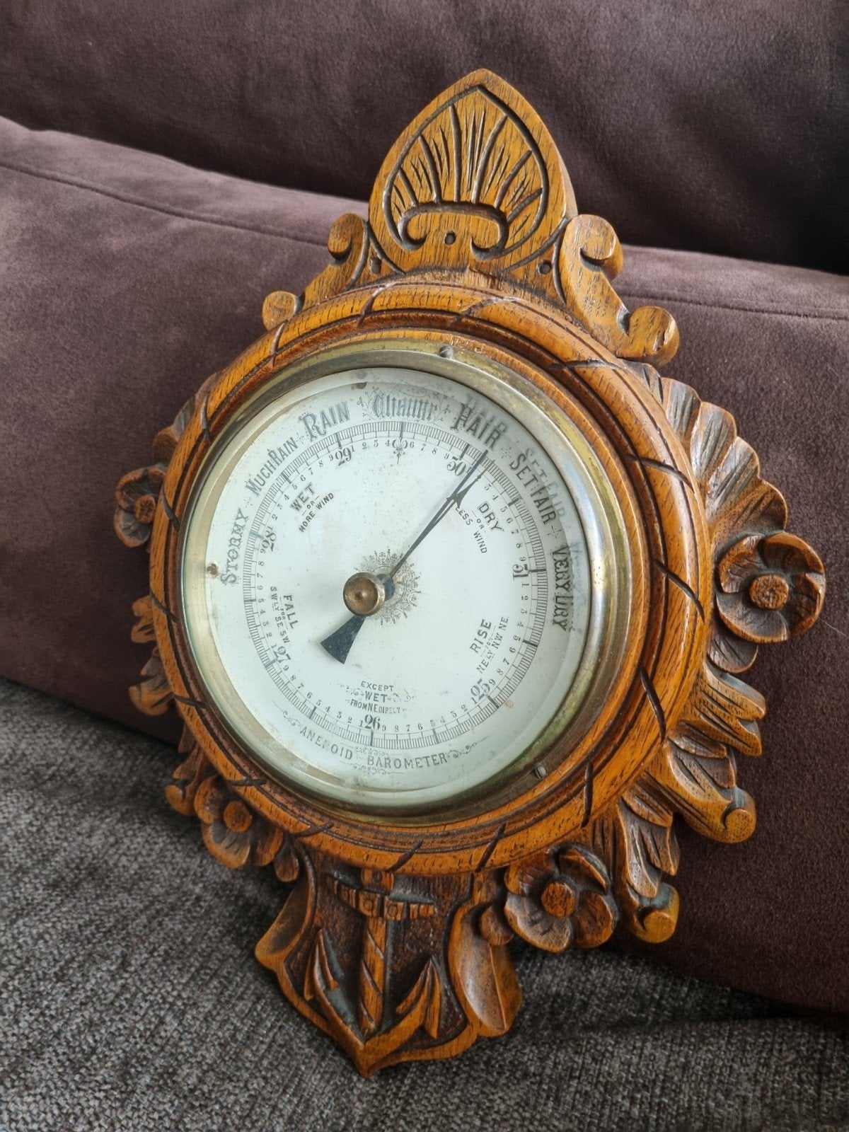 Antieke Barometer met Houtsnijwerk, Edwardiaans/Victoriaans, Audio, Tv en Foto, Weerstations en Barometers, Ophalen of Verzenden
