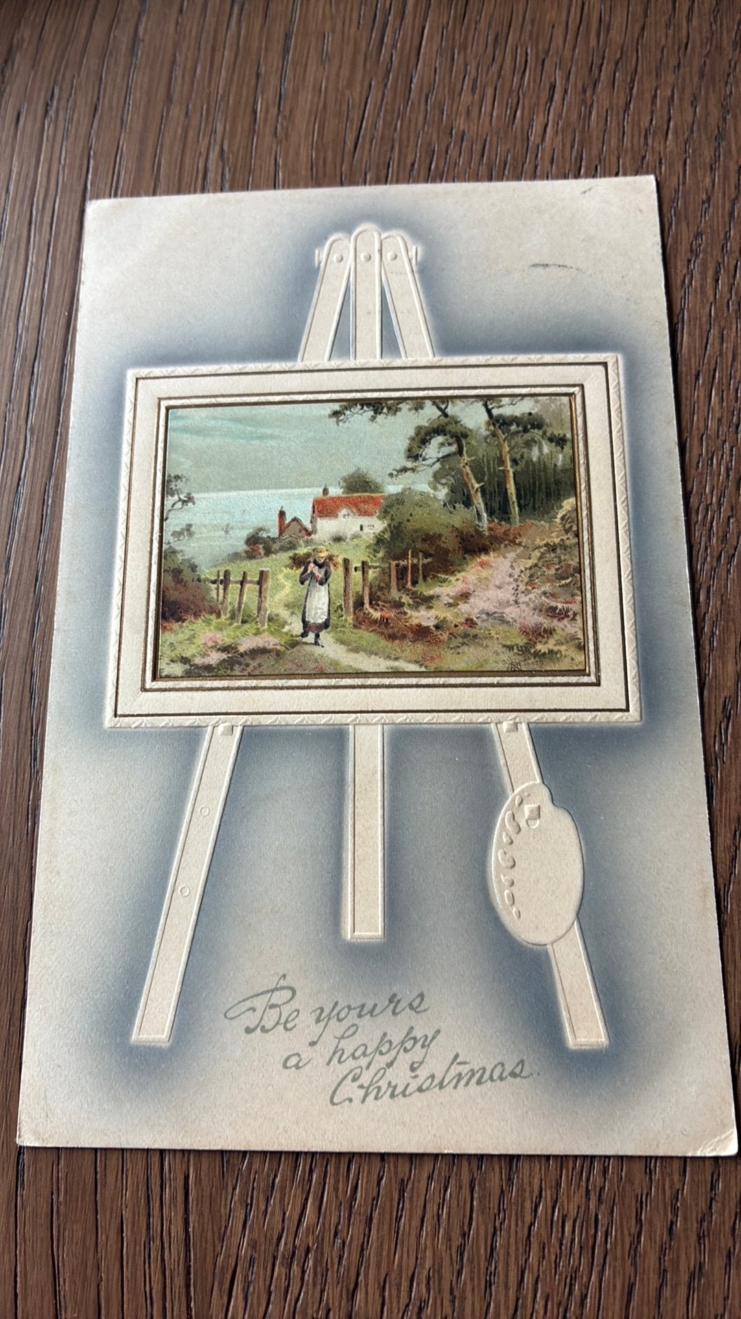 Reliefkaart. 1910. Schildersezel met landelijk schilderij., Ophalen of Verzenden, Gelopen