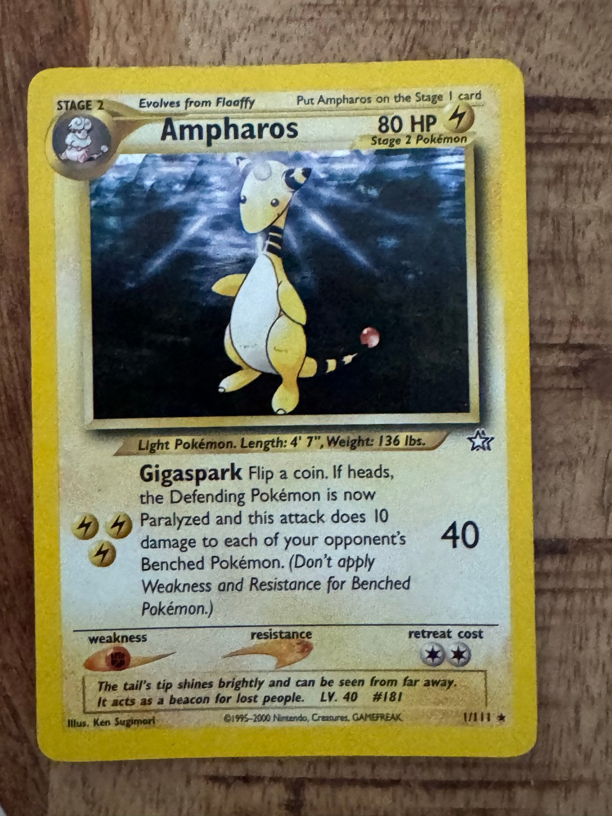 Ampharos Pokémon kaart 1/111 Neo Genesis (Engels), Hobby en Vrije tijd, Ophalen of Verzenden, Gebruikt, Losse kaart