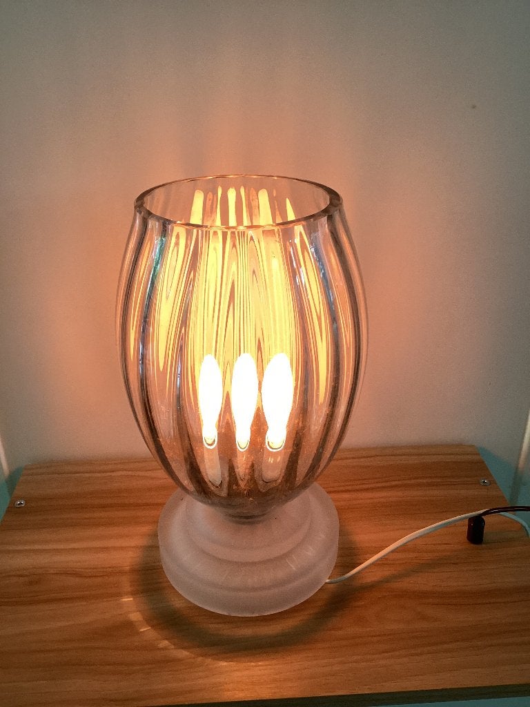 Vintage glazen tafellamp mat glas helder licht lamp tulp, Met schakelaar, Vintage, Wit, Ophalen of Verzenden
