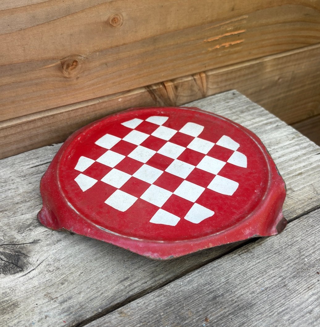 Vintage rood-wit geblokte metalen dienblad, Antiek en Kunst, Ophalen of Verzenden