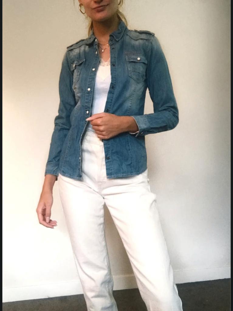 Denim spijkerblouse maat XS / 34, Blauw, Ophalen of Verzenden, Zo goed als nieuw, Maat 34 (XS) of kleiner