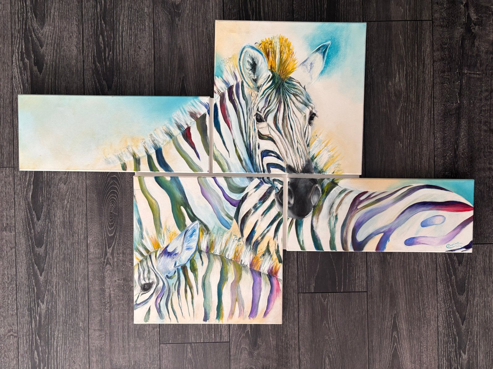 Modern schilderij van zebra's - 4-delig canvas ca 1 x 1 mtr, Ophalen, Acrylverf, Handgeschilderd, Dieren