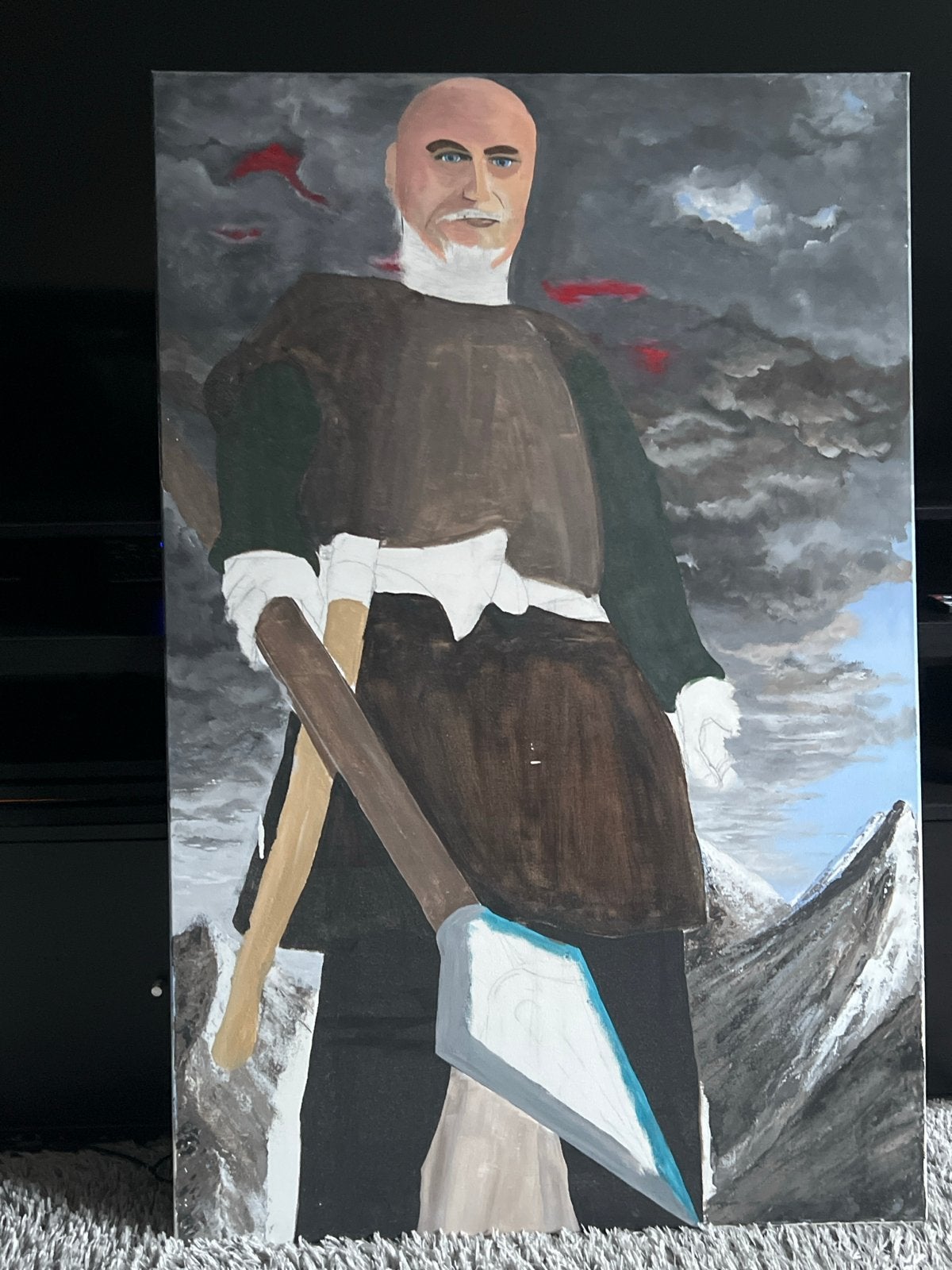 Schilderij van een man met baard en bijl, Antiek en Kunst, Acrylverf, Doek, Portret of Personen, Realistisch